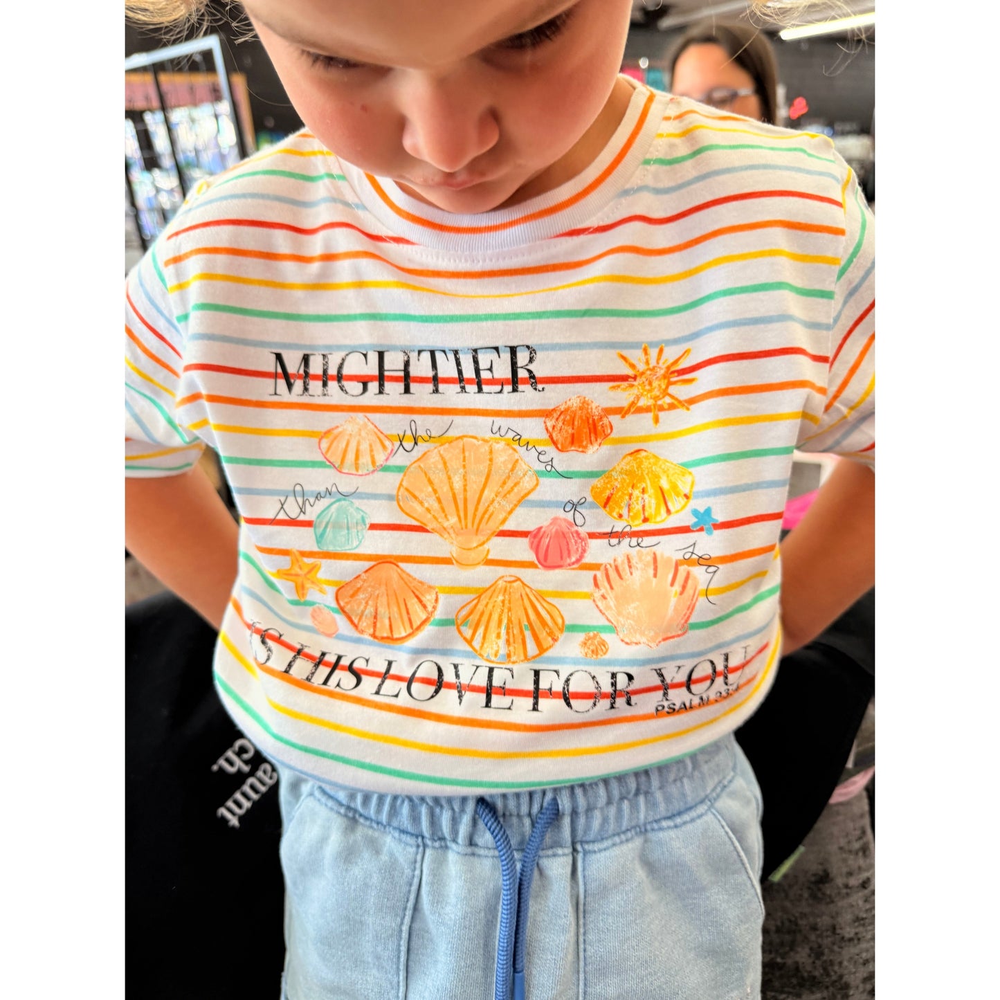 Mightier is his love for you Christian stripe tee (toddler ,kids or adult)