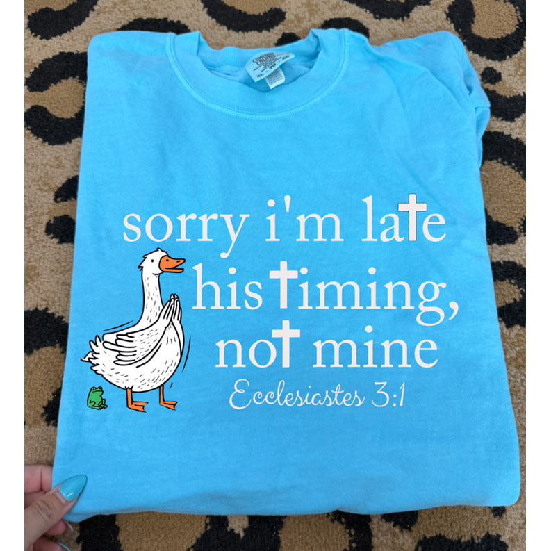 sorry I'm late His timing not mine Christian Tee or sweatshirt