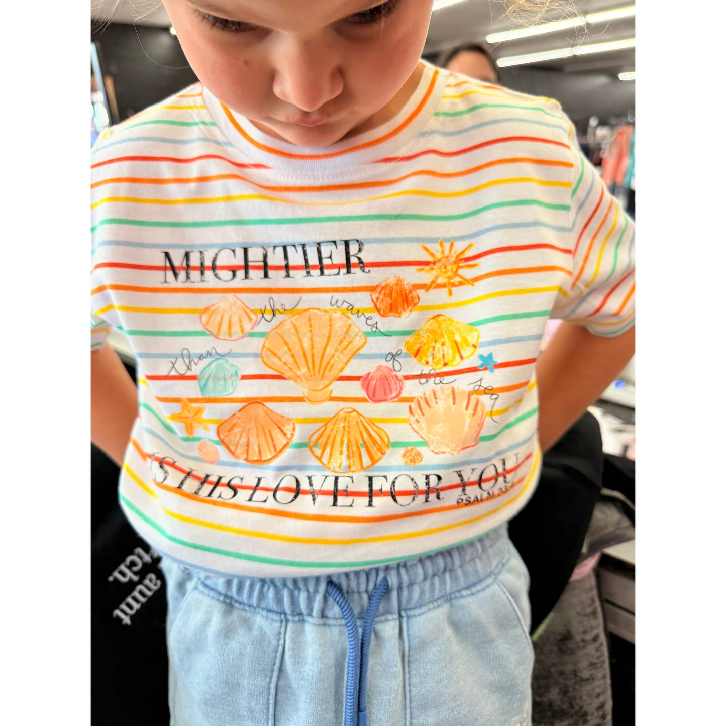 Mightier is his love for you Christian stripe tee (toddler ,kids or adult)